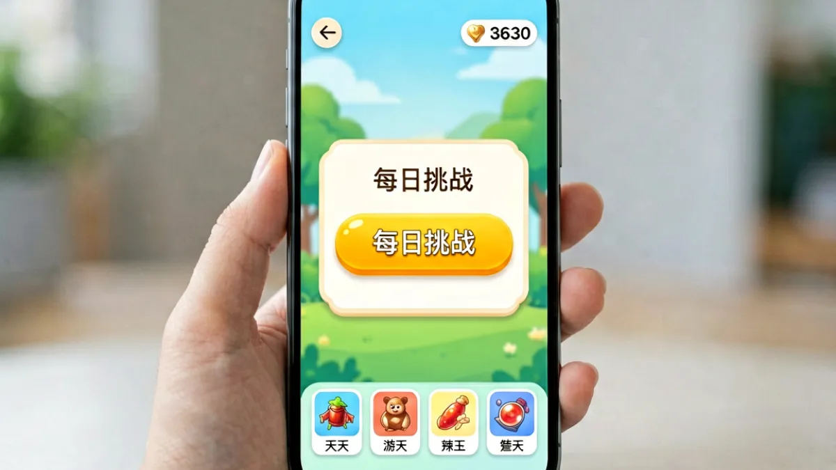 天天弄游戏主界面展示，玩家正在进行每日挑战关卡，屏幕上显示积分与道具栏